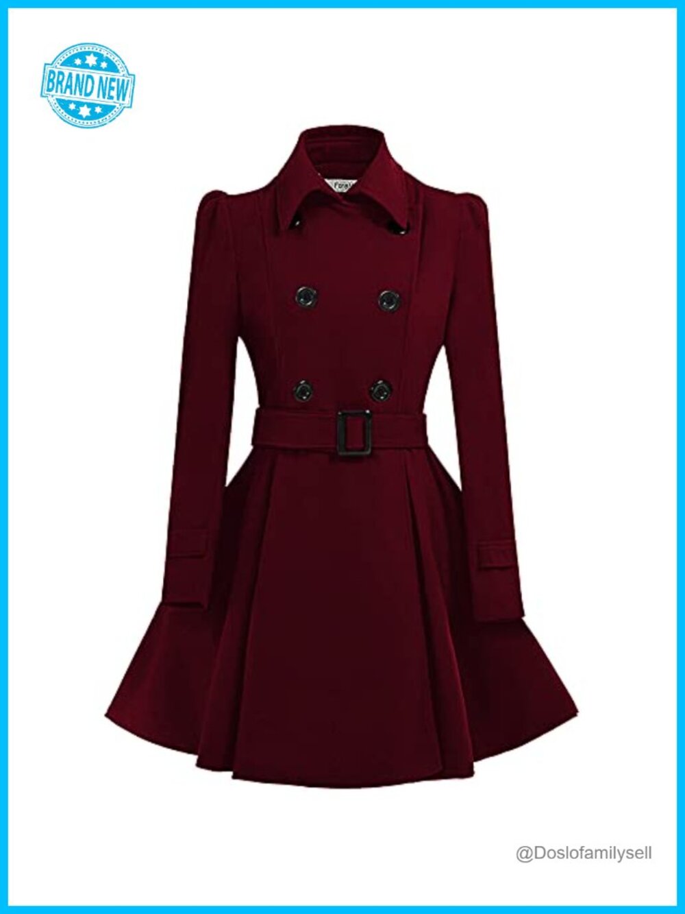 Wool Blend Double Breasted Pea Coat Belt Buckle Mid-Long Swing Overcoat